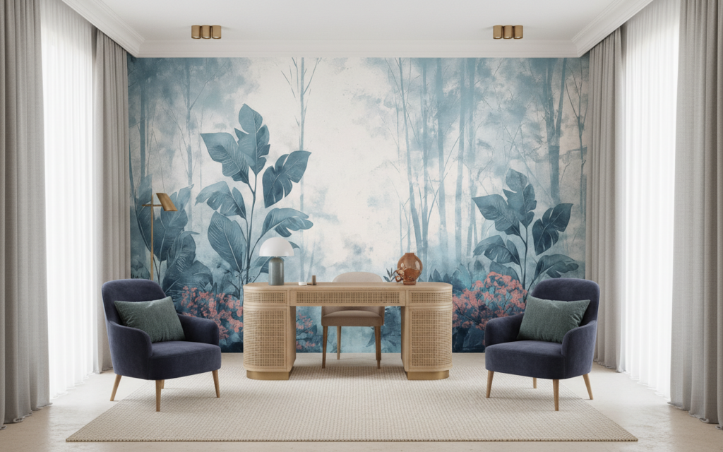 Papier Peint Forêt Tropicale Bleue avec Touches Corail Artistique - Bureau