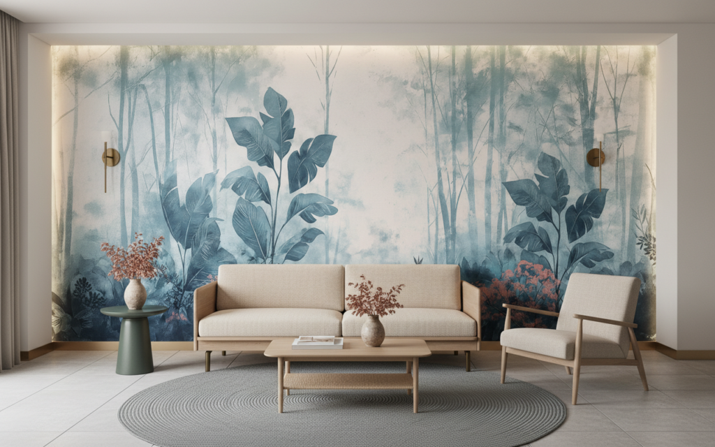 Papier Peint Forêt Tropicale Bleue avec Touches Corail Artistique - Hôtel