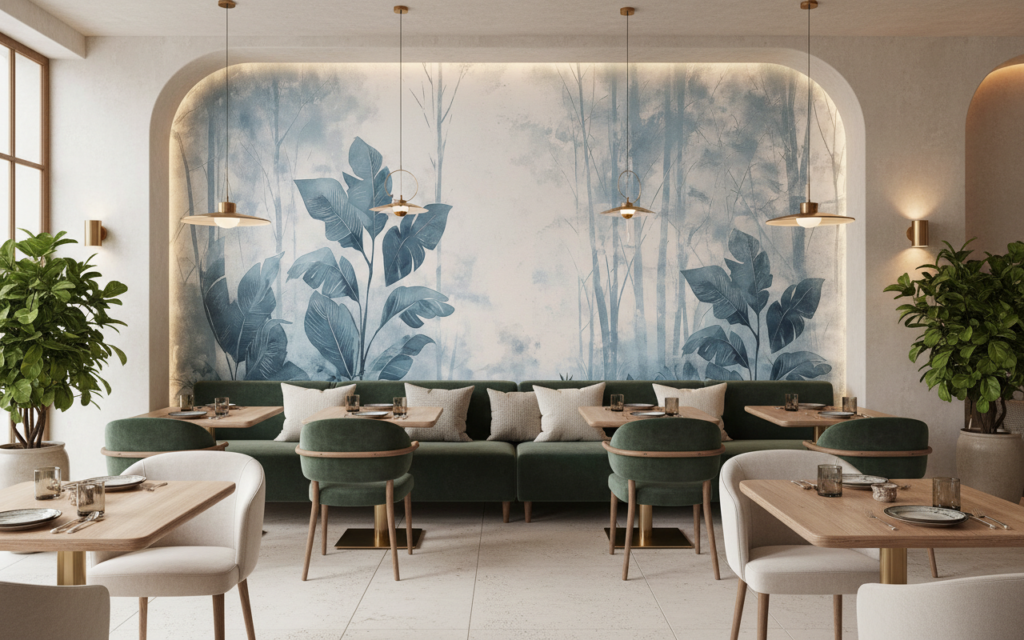 Papier Peint Forêt Tropicale Bleue avec Touches Corail Artistique - Restaurant