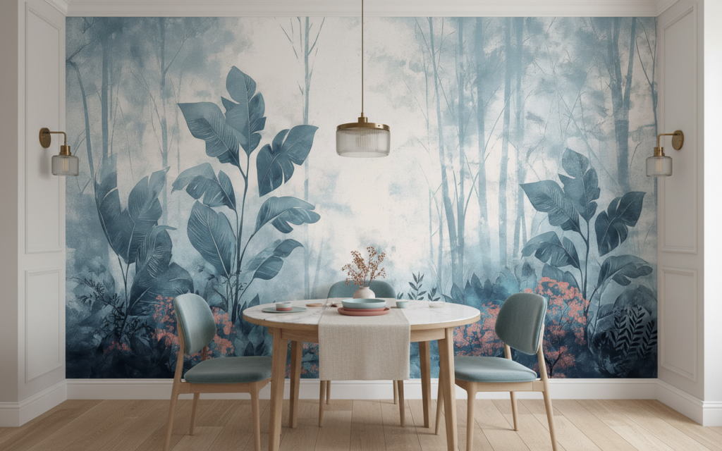 Papier Peint Forêt Tropicale Bleue avec Touches Corail Artistique - Salle à manger