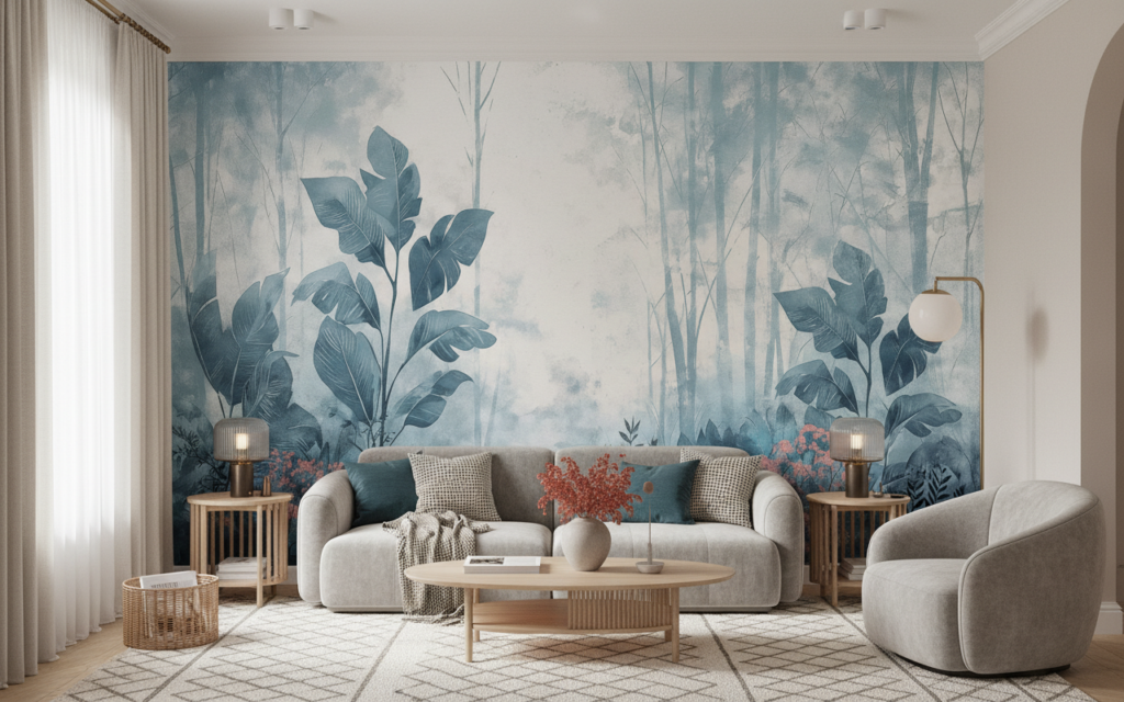 Papier Peint Forêt Tropicale Bleue avec Touches Corail Artistique - Salon / Séjour
