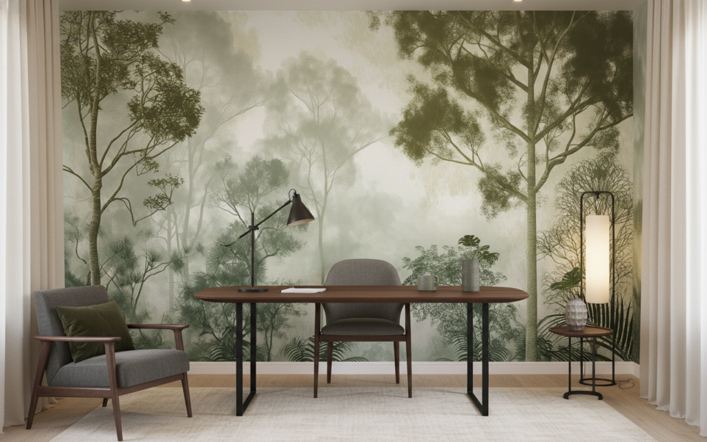 Papier peint forêt tropicale brume matinale style naturel - Bureau