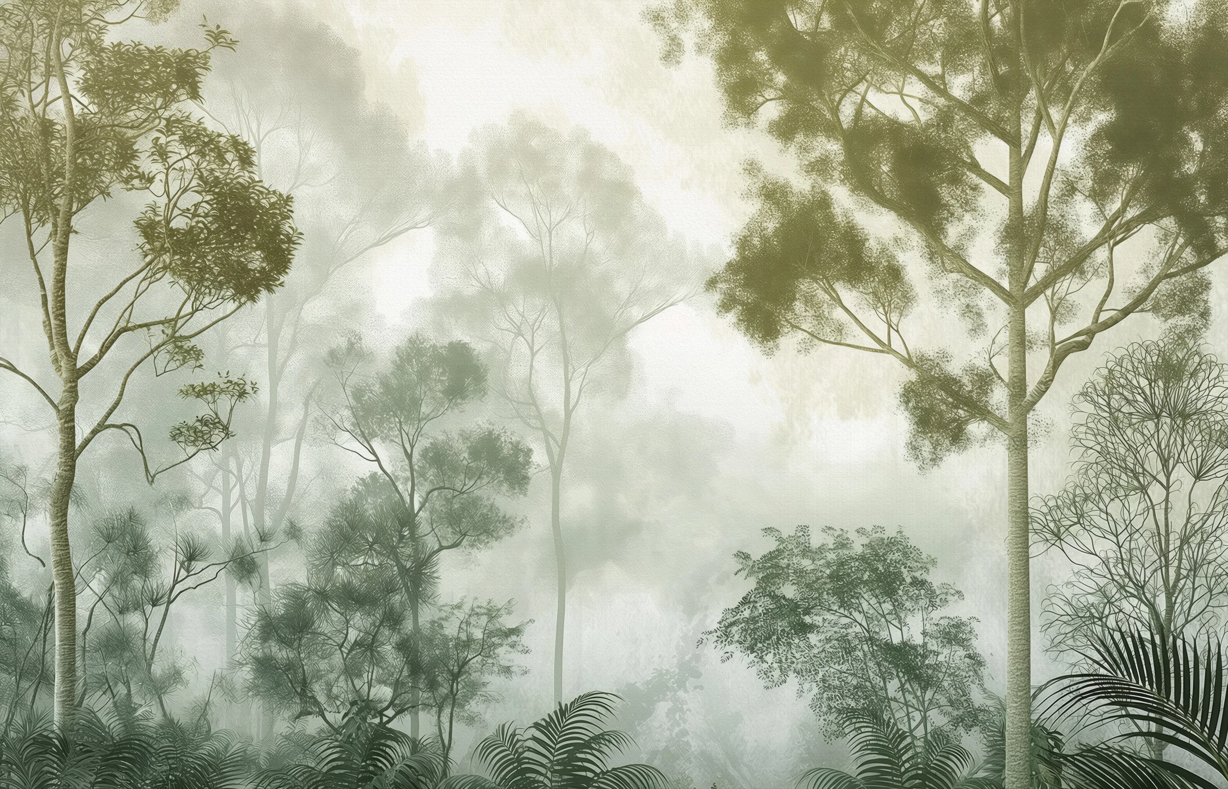 Papier peint forêt tropicale brume matinale style naturel