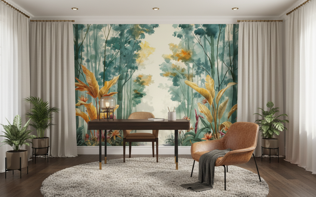 Papier Peint Forêt Tropicale Exotique aux Tons Dorés - Bureau