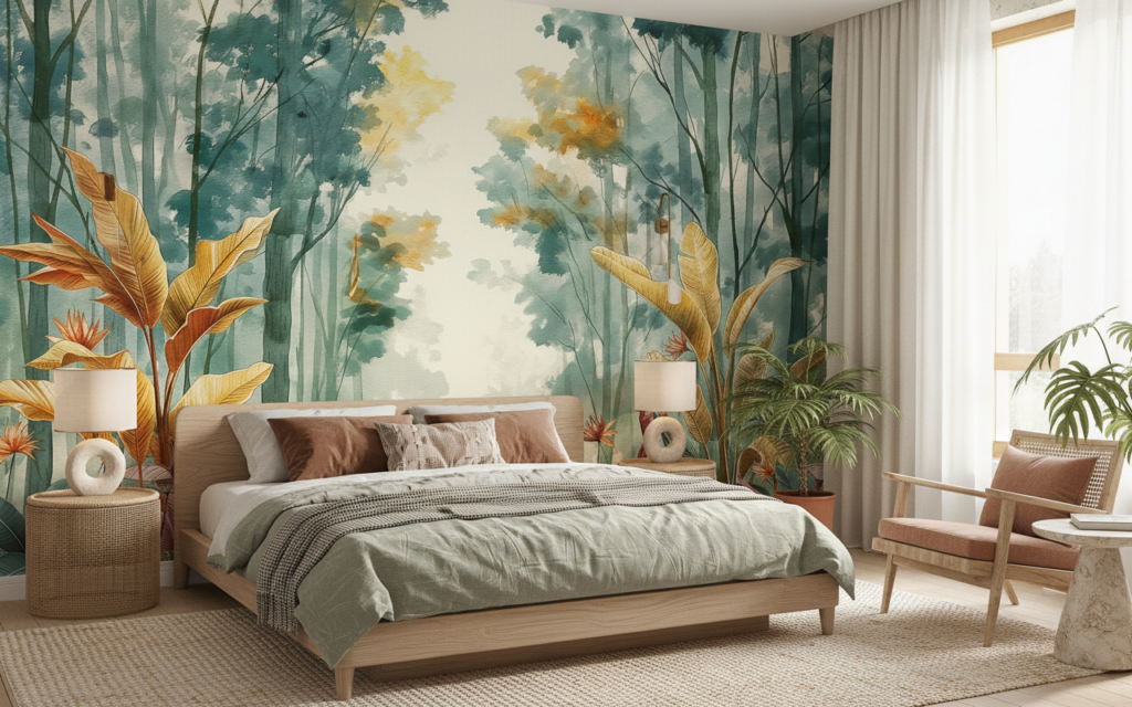 Papier Peint Forêt Tropicale Exotique aux Tons Dorés - Chambre adulte