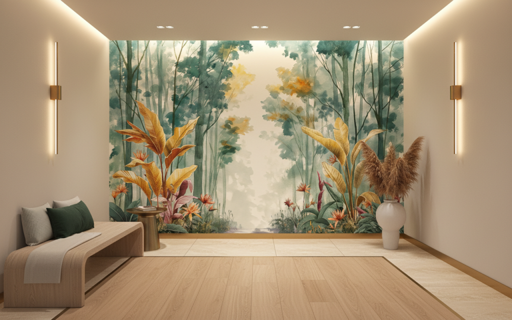 Papier Peint Forêt Tropicale Exotique aux Tons Dorés - Couloir