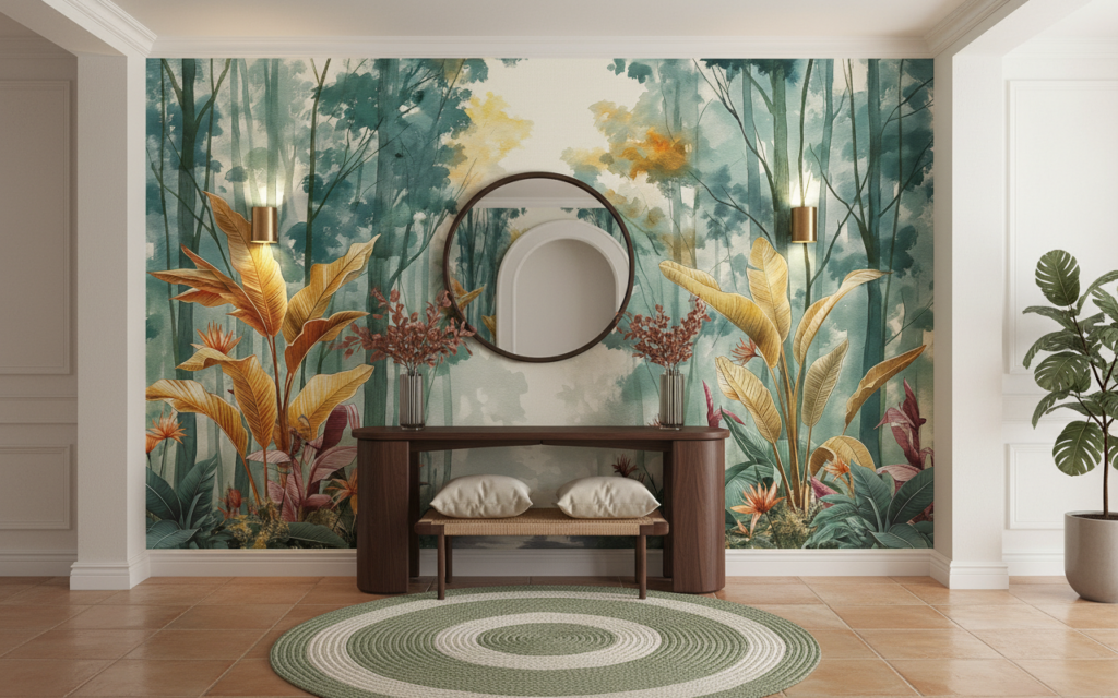 Papier Peint Forêt Tropicale Exotique aux Tons Dorés - Entrée