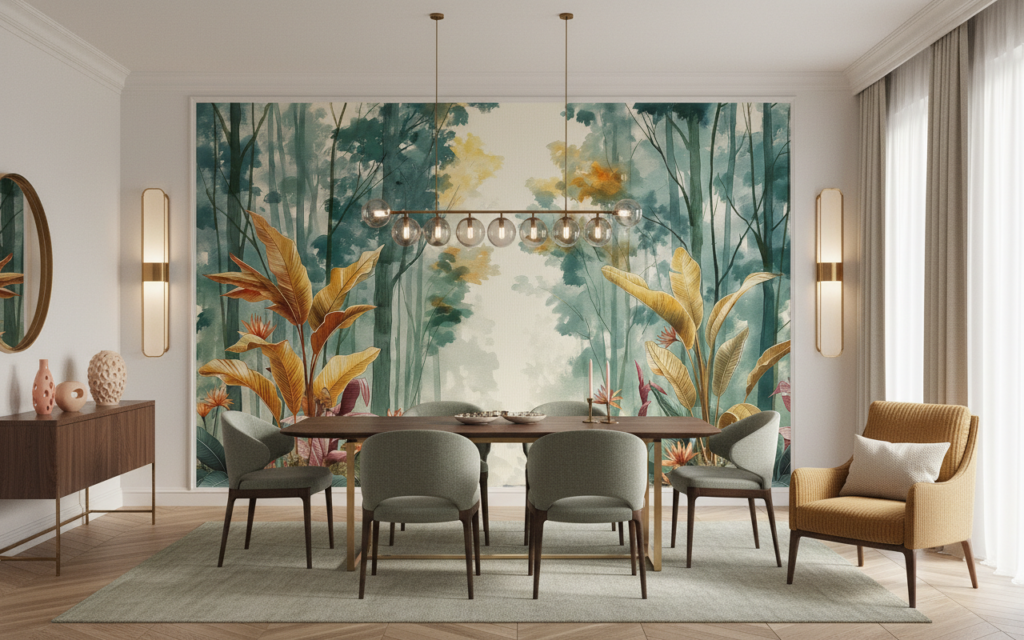 Papier Peint Forêt Tropicale Exotique aux Tons Dorés - Salle à manger