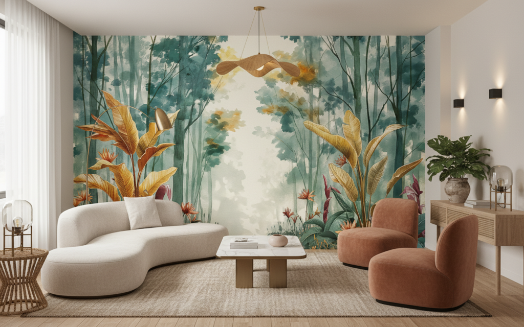 Papier Peint Forêt Tropicale Exotique aux Tons Dorés - Salon / Séjour