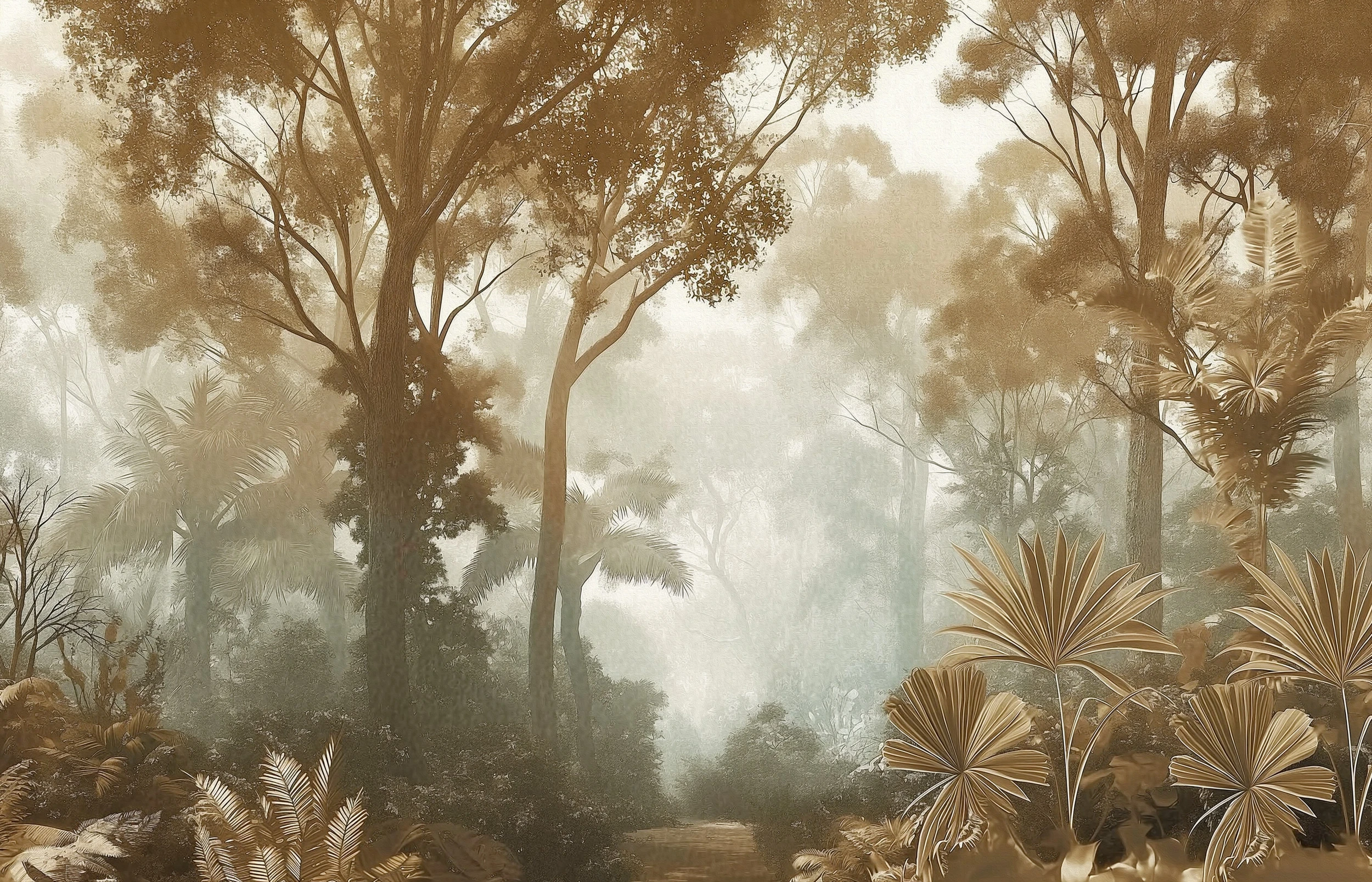 Papier peint forêt tropicale vintage sépia ambiance jungle mystérieuse