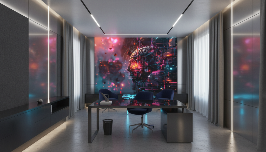 Papier Peint Futuriste Crâne Cyber avec Effets Lumineux Néon - Bureau