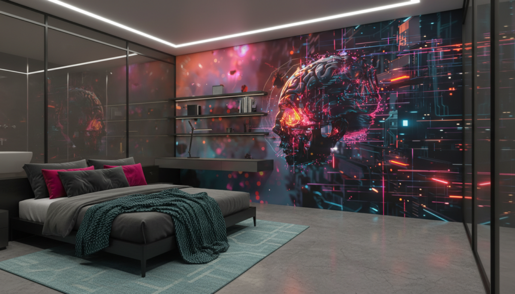 Papier Peint Futuriste Crâne Cyber avec Effets Lumineux Néon - Chambre ado