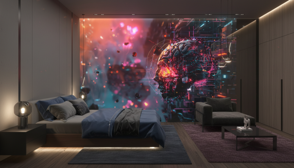 Papier Peint Futuriste Crâne Cyber avec Effets Lumineux Néon - Chambre adulte