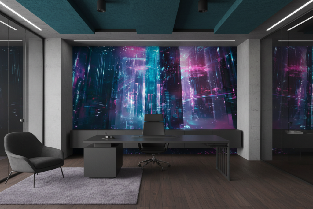 Papier Peint Futuriste Cyberpunk Ville Néon Bleu Rose - Bureau