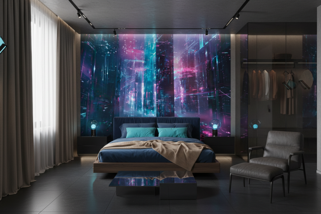 Papier Peint Futuriste Cyberpunk Ville Néon Bleu Rose - Chambre adulte