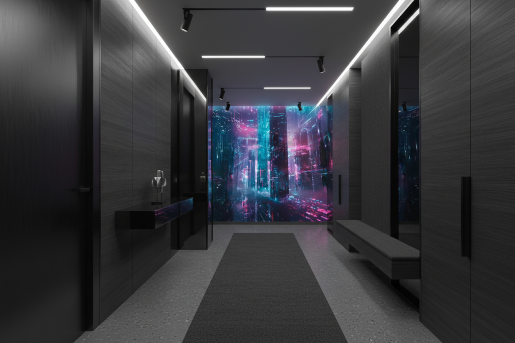 Papier Peint Futuriste Cyberpunk Ville Néon Bleu Rose - Couloir