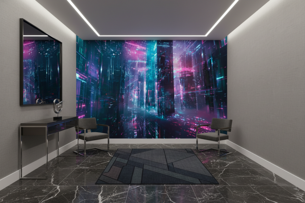 Papier Peint Futuriste Cyberpunk Ville Néon Bleu Rose - Entrée