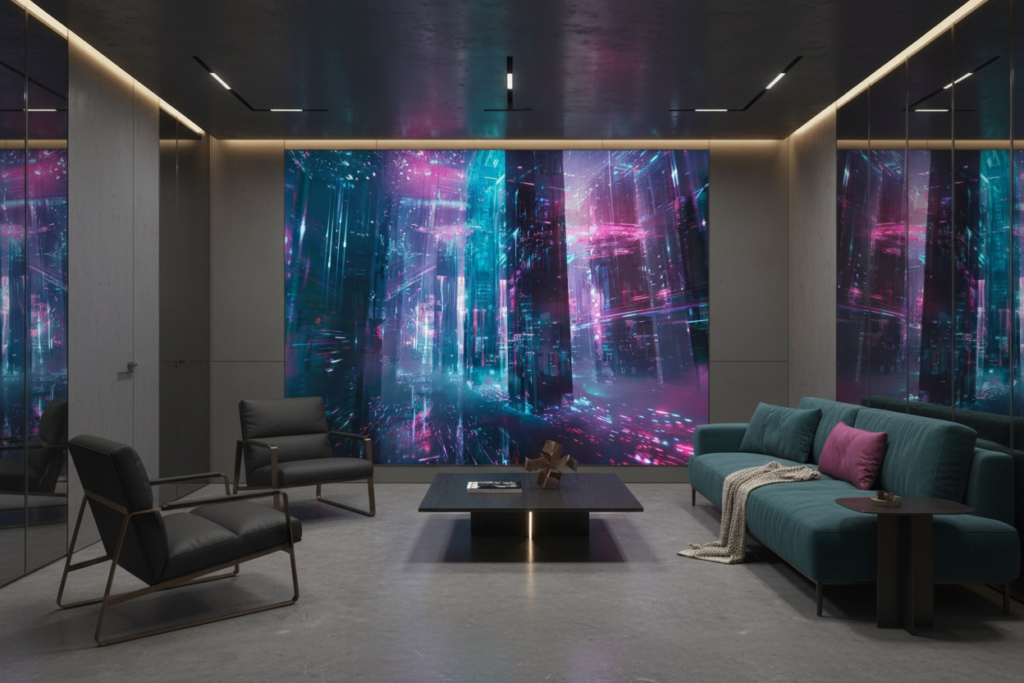 Papier Peint Futuriste Cyberpunk Ville Néon Bleu Rose - Salon / Séjour