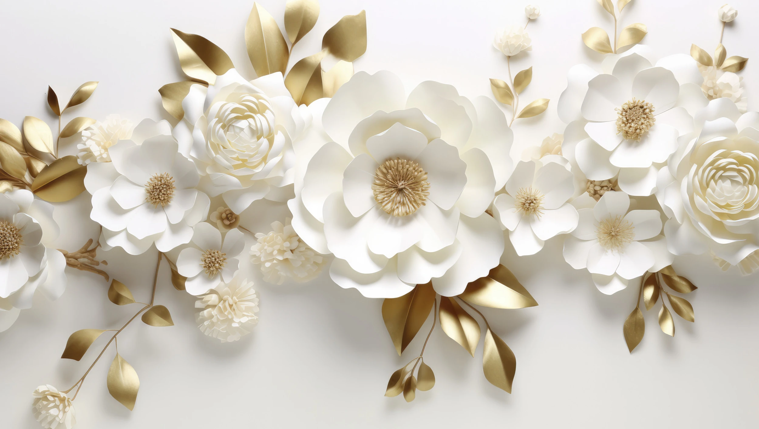 Papier Peint Fleurs Blanches et Dorées Élégantes