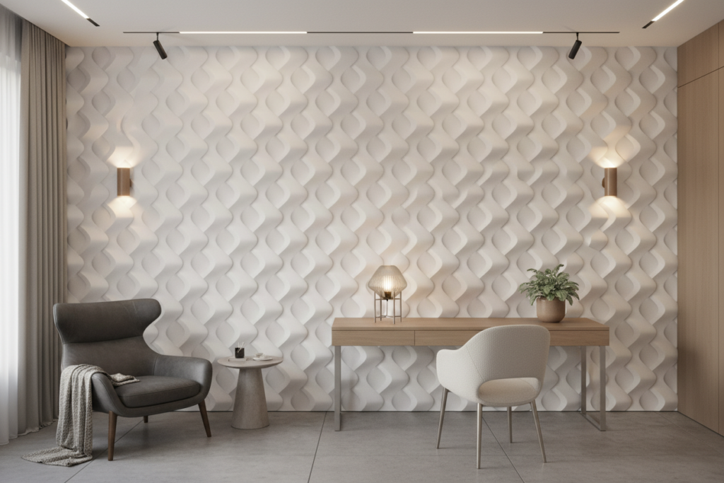 Papier peint géométrique 3D relief ondulé blanc moderne élégant - Bureau