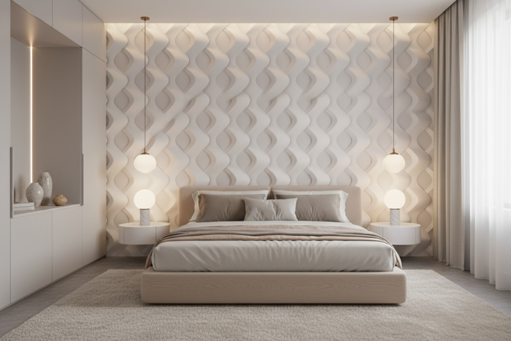 Papier peint géométrique 3D relief ondulé blanc moderne élégant - Chambre adulte