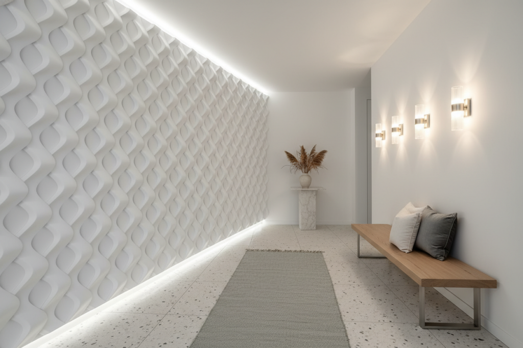 Papier peint géométrique 3D relief ondulé blanc moderne élégant - Couloir