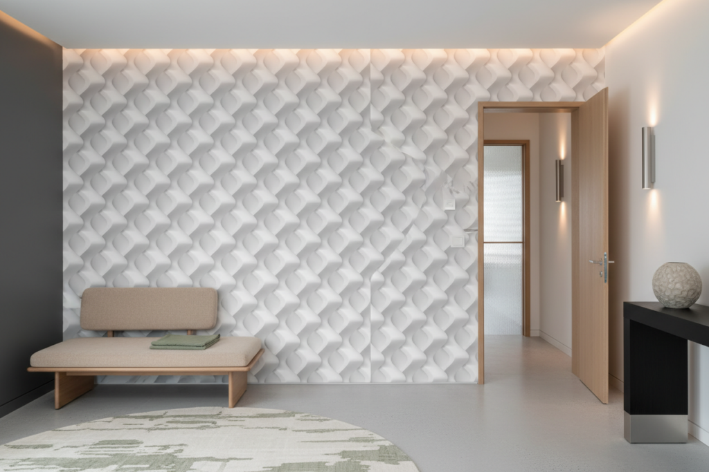 Papier peint géométrique 3D relief ondulé blanc moderne élégant - Entrée