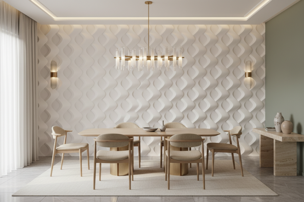 Papier peint géométrique 3D relief ondulé blanc moderne élégant - Salle à manger
