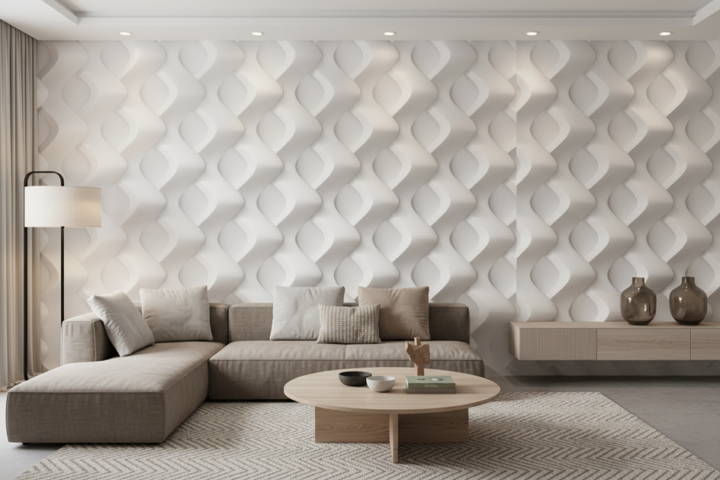 Papier peint géométrique 3D relief ondulé blanc moderne élégant - Salon / Séjour