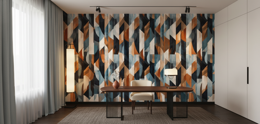 Papier Peint Géométrique Abstrait aux Nuances Bleu Orange et Noir - Bureau