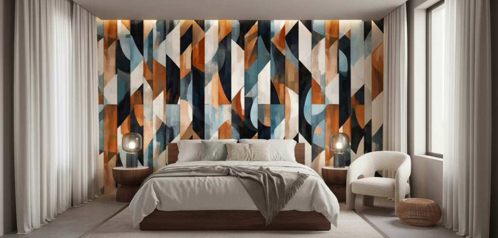 Papier Peint Géométrique Abstrait aux Nuances Bleu Orange et Noir - Chambre adulte