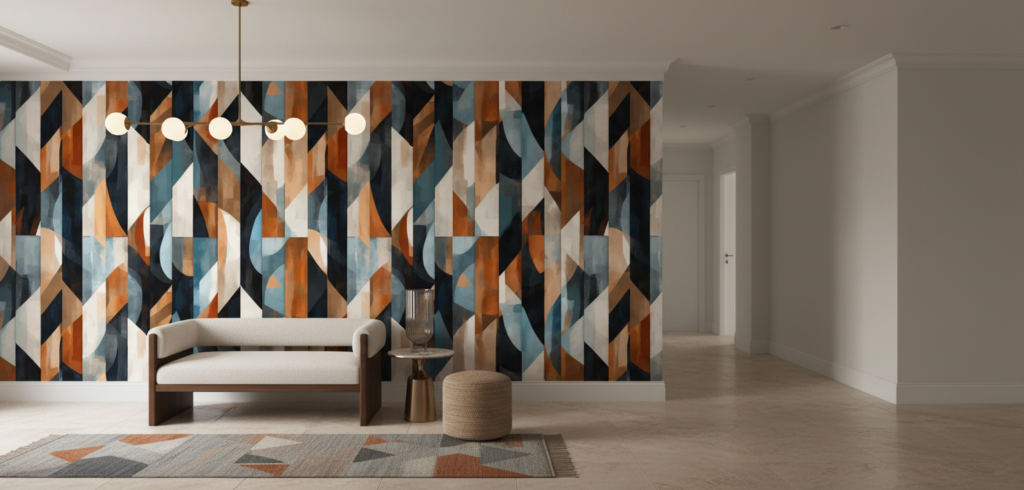 Papier Peint Géométrique Abstrait aux Nuances Bleu Orange et Noir - Entrée