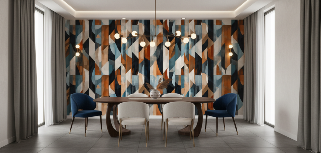 Papier Peint Géométrique Abstrait aux Nuances Bleu Orange et Noir - Salle à manger