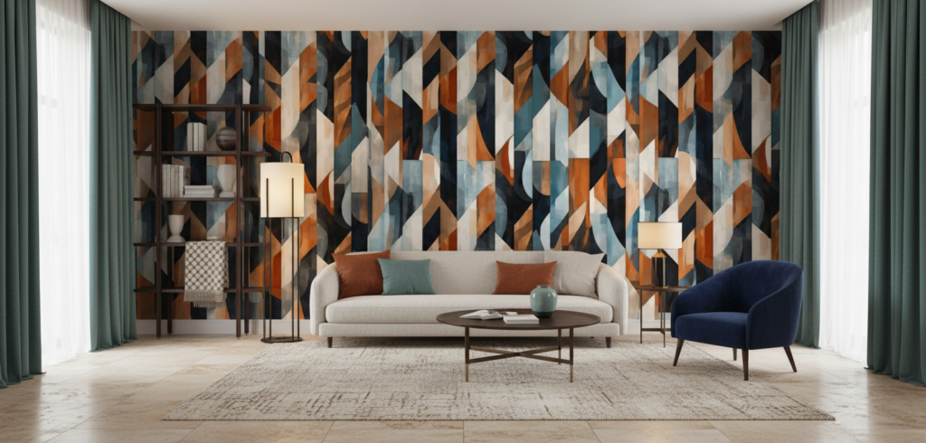 Papier Peint Géométrique Abstrait aux Nuances Bleu Orange et Noir - Salon / Séjour