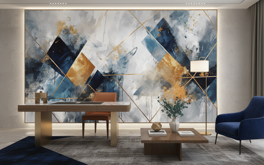 Papier Peint Géométrique Abstrait Bleu Or Moderne Artistique - Bureau