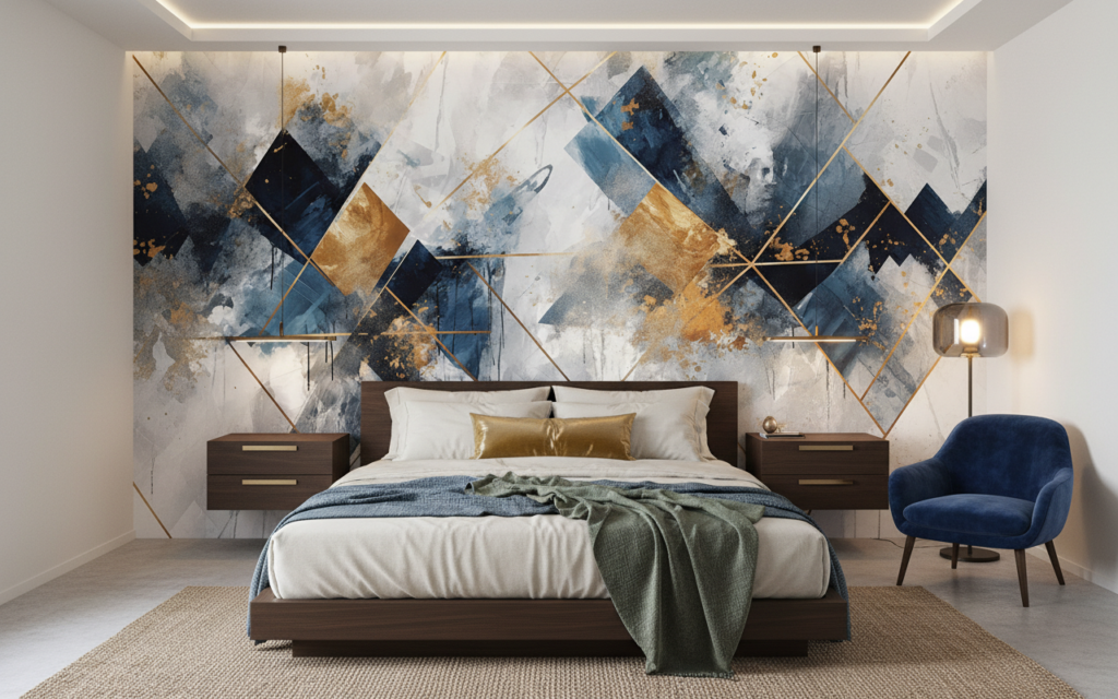 Papier Peint Géométrique Abstrait Bleu Or Moderne Artistique - Chambre adulte