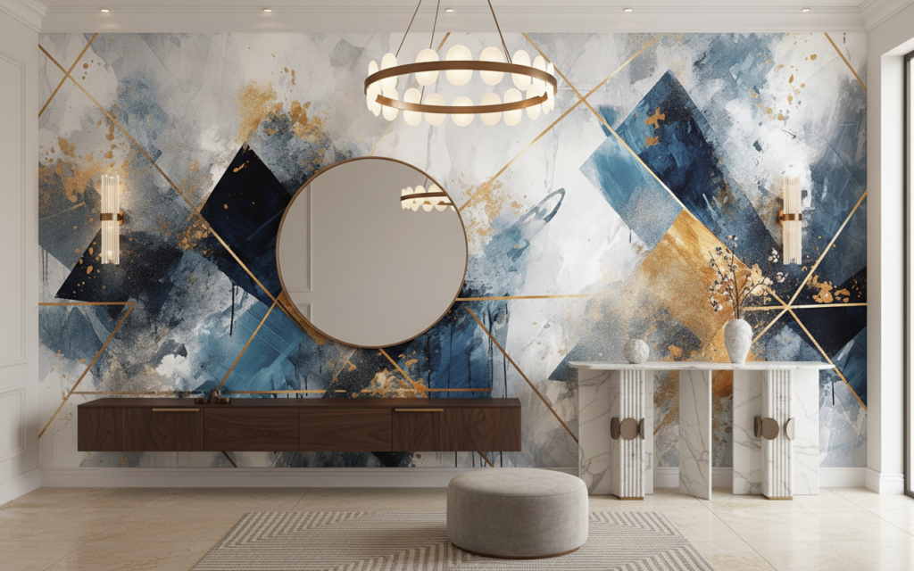 Papier Peint Géométrique Abstrait Bleu Or Moderne Artistique - Entrée