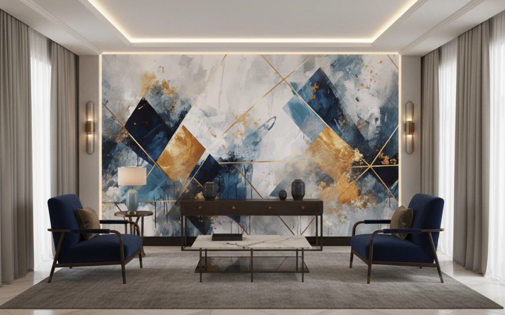 Papier Peint Géométrique Abstrait Bleu Or Moderne Artistique - Hôtel