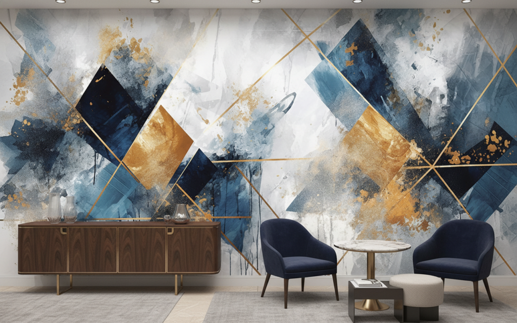 Papier Peint Géométrique Abstrait Bleu Or Moderne Artistique - Restaurant