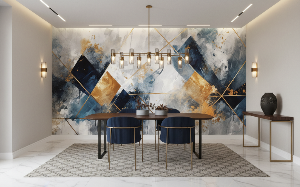 Papier Peint Géométrique Abstrait Bleu Or Moderne Artistique - Salle à manger