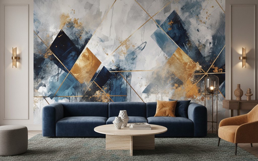 Papier Peint Géométrique Abstrait Bleu Or Moderne Artistique - Salon / Séjour