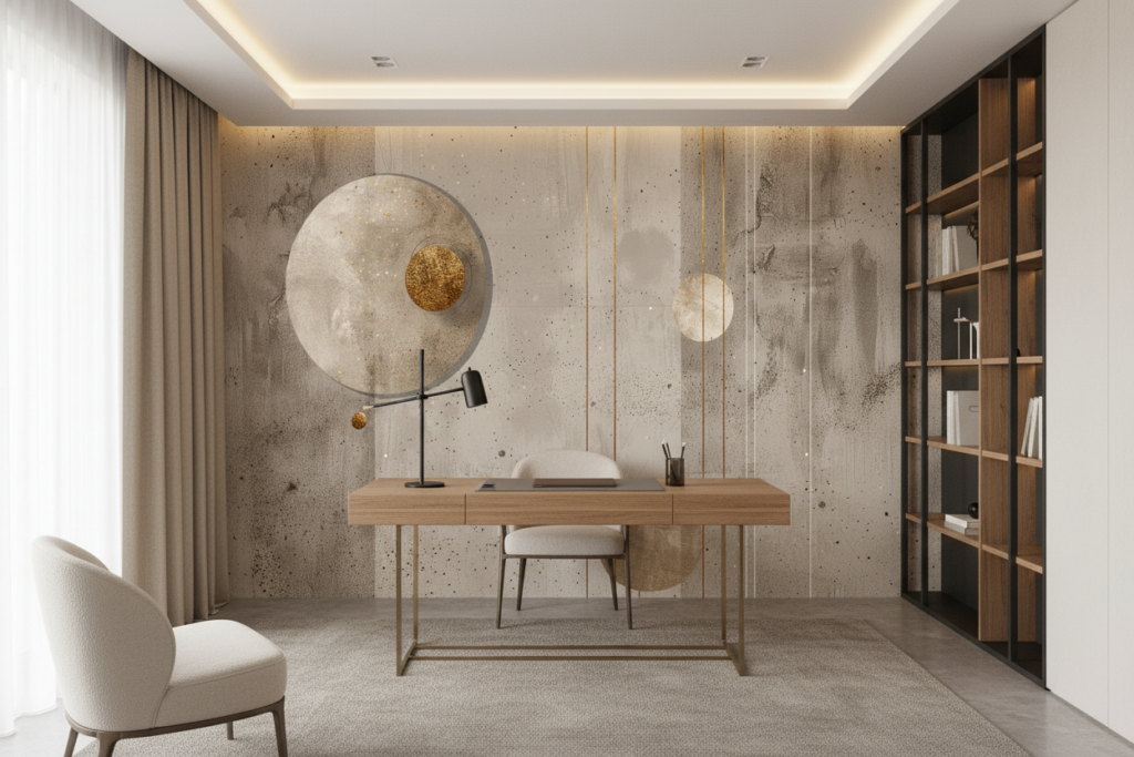 Papier peint géométrique abstrait doré sur fond texturé beige - Bureau