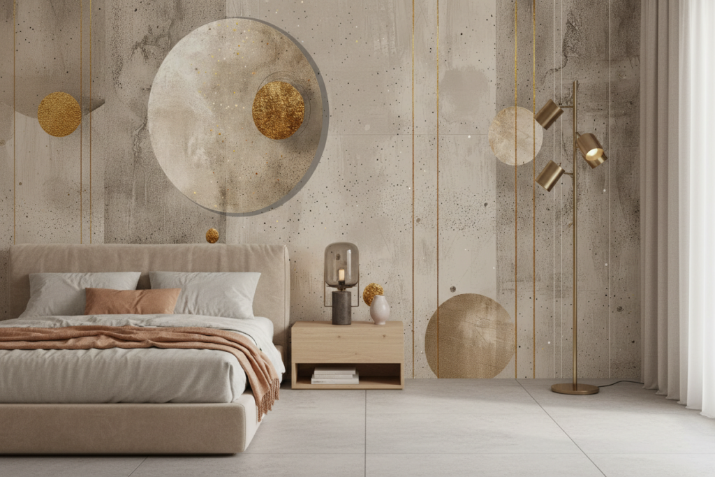 Papier peint géométrique abstrait doré sur fond texturé beige - Chambre adulte