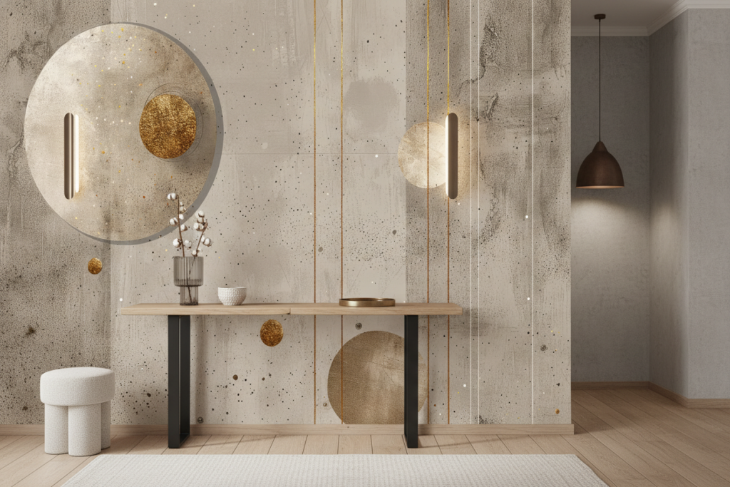 Papier peint géométrique abstrait doré sur fond texturé beige - Entrée