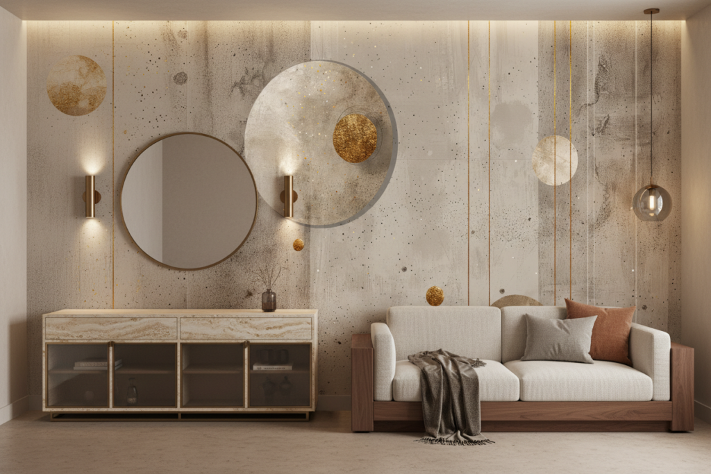 Papier peint géométrique abstrait doré sur fond texturé beige - Hôtel