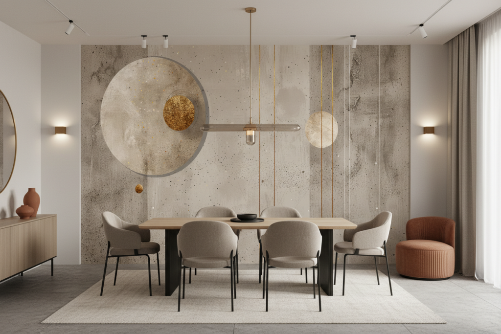 Papier peint géométrique abstrait doré sur fond texturé beige - Salle à manger