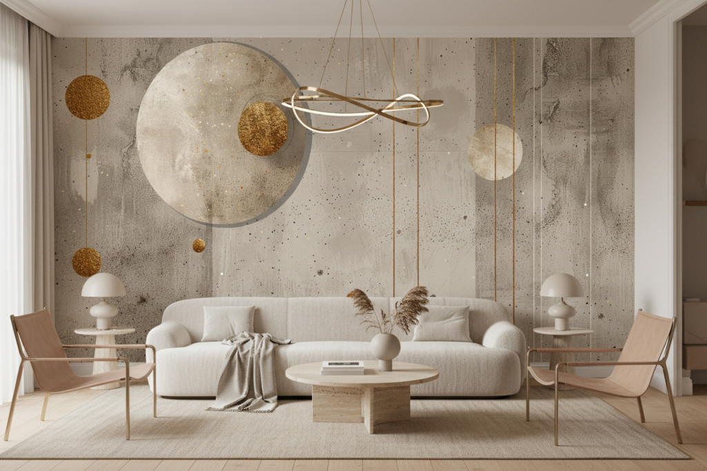 Papier peint géométrique abstrait doré sur fond texturé beige - Salon / Séjour