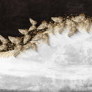 Papier peint luxueux papillons dorés sur fond marbré noir et blanc