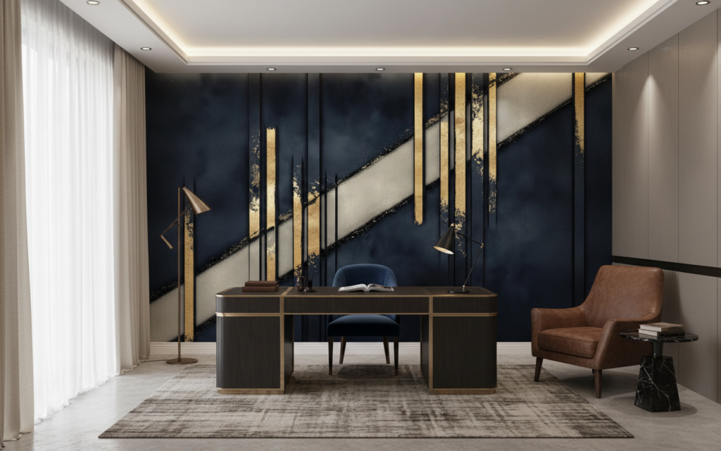 Papier Peint Géométrique Art Déco Bleu Marine et Or - Bureau