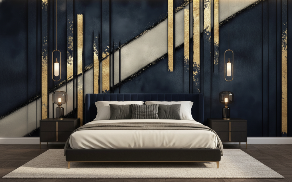 Papier Peint Géométrique Art Déco Bleu Marine et Or - Chambre adulte